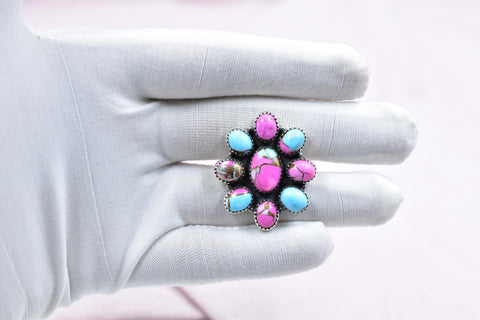 Handmade Cotton Candy Dahlia & Sterling Silver Adjustable Ring