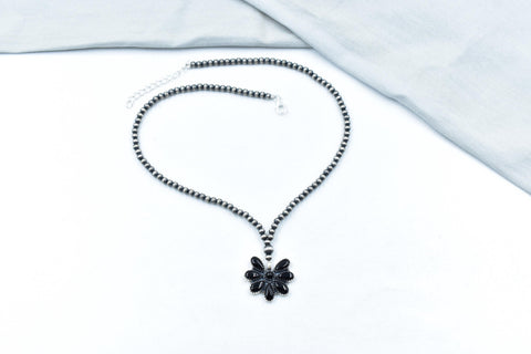 Handmade Black Onyx & 4MM Sterling Silver Pearls Necklace with 16 Inch Adjustable Chain