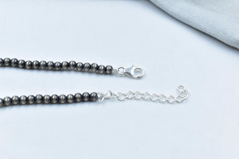 Handmade Black Onyx & 4MM Sterling Silver Pearls Necklace with 16 Inch Adjustable Chain