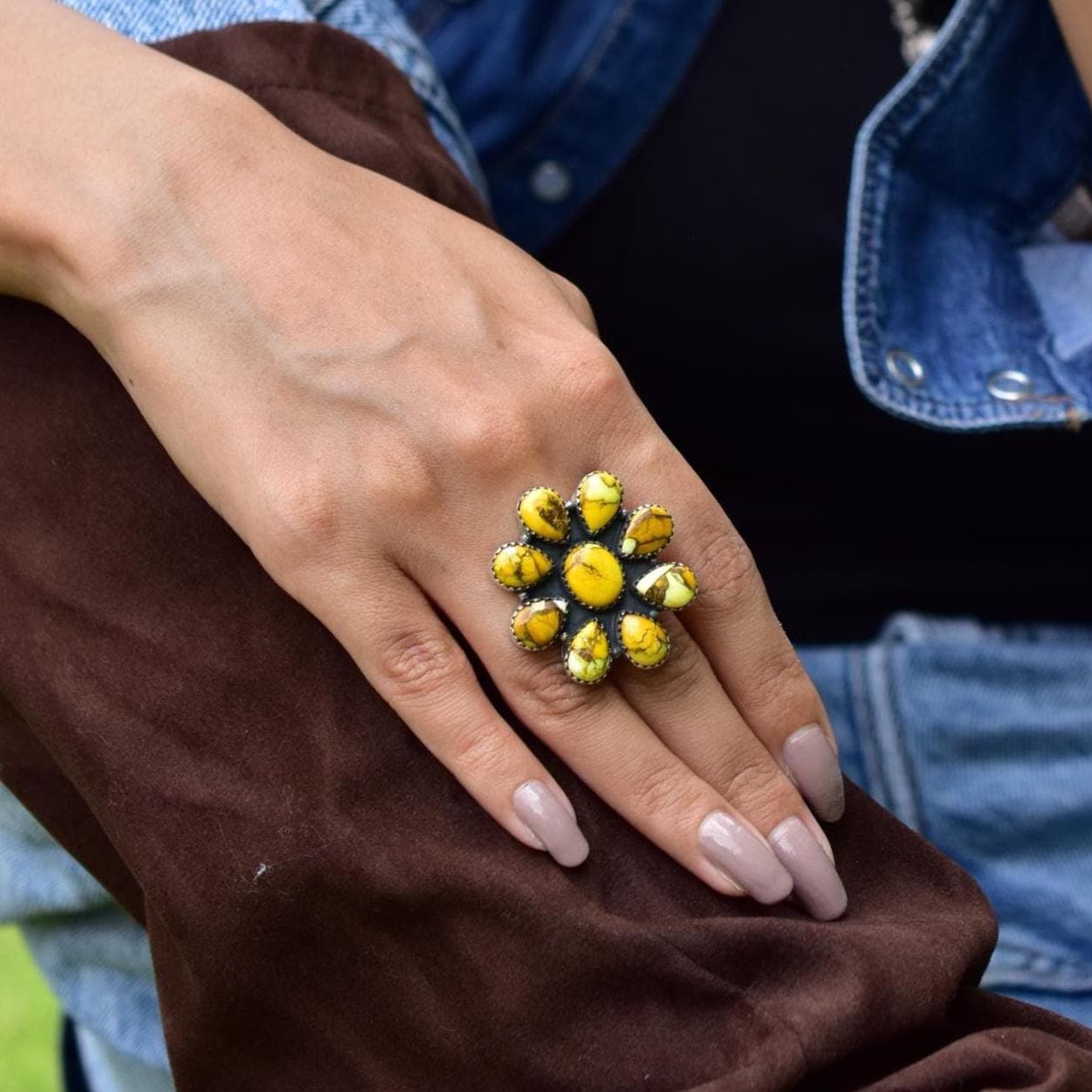 Handmade Honey Dahlia Turquoise & Sterling Silver Adjustable Ring