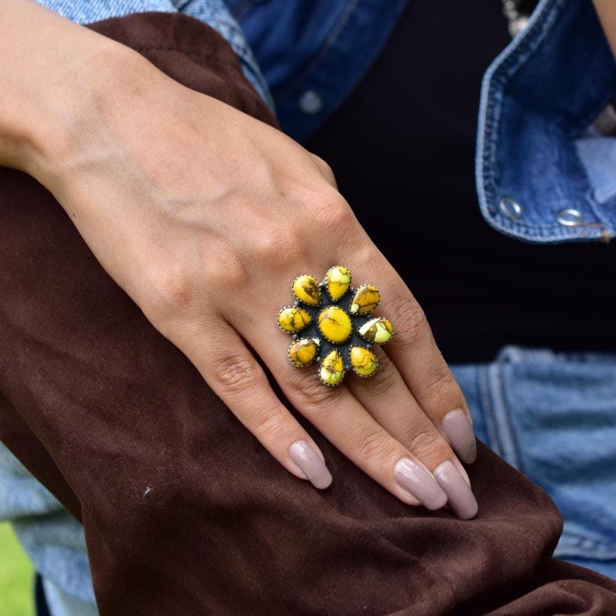 Handmade Honey Dahlia Mojave Turquoise & Sterling Silver Adjustable Ring