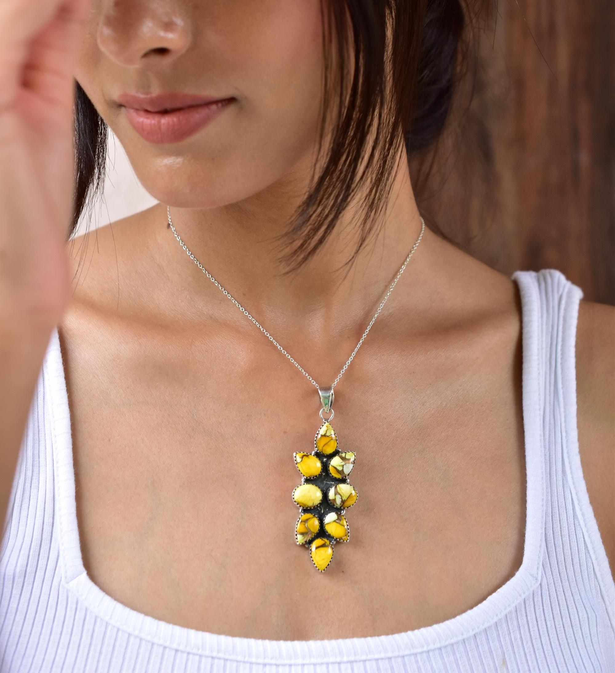 Handmade Honey Dahlia Turquoise & Sterling Silver Pendant with 16 inch Adjustable Chain