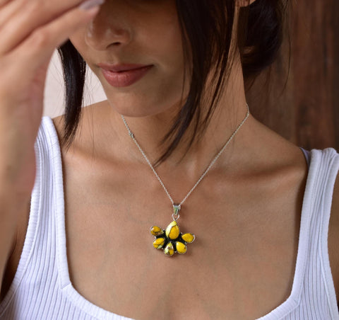 Handmade Honey Dahlia Turquoise & Sterling Silver Pendant with 16 inch Adjustable Chain