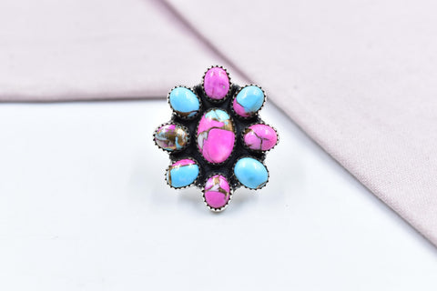 Handmade Cotton Candy Dahlia & Sterling Silver Adjustable Ring