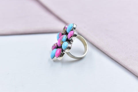 Handmade Cotton Candy Dahlia & Sterling Silver Adjustable Ring