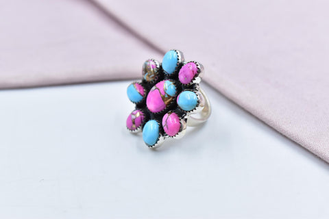 Handmade Cotton Candy Dahlia & Sterling Silver Adjustable Ring