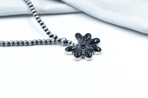 Handmade Black Onyx & 4MM Sterling Silver Pearls Necklace with 16 Inch Adjustable Chain