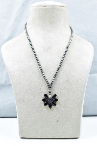 Handmade Black Onyx & 4MM Sterling Silver Pearls Necklace with 16 Inch Adjustable Chain