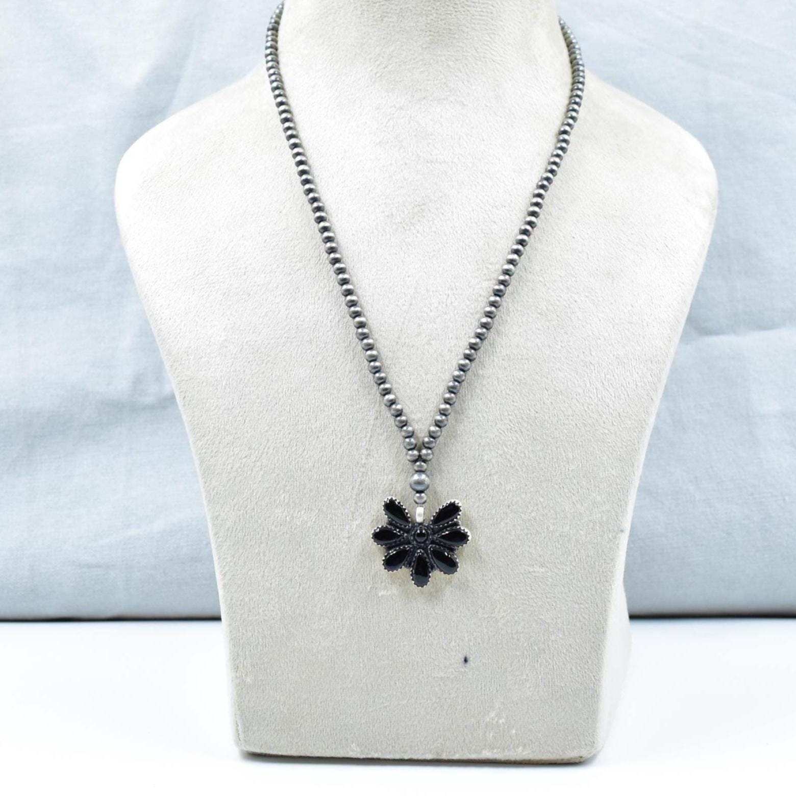 Handmade Black Onyx & 4MM Sterling Silver Pearls Necklace with 16 Inch Adjustable Chain