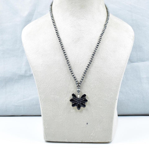 Handmade Black Onyx & 4MM Sterling Silver Pearls Necklace with 16 Inch Adjustable Chain