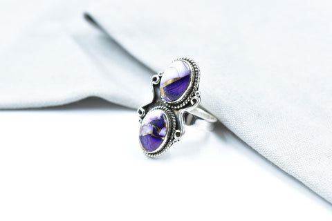 Handmade Purple Dahlia Turquoise & Sterling Silver Adjustable Ring