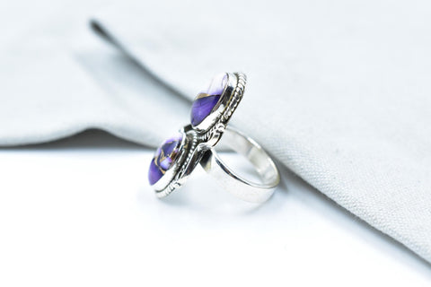 Handmade Purple Dahlia Turquoise & Sterling Silver Adjustable Ring