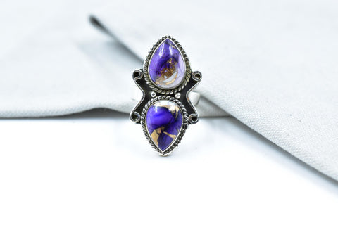 Handmade Purple Dahlia Turquoise & Sterling Silver Adjustable Cactus Ring