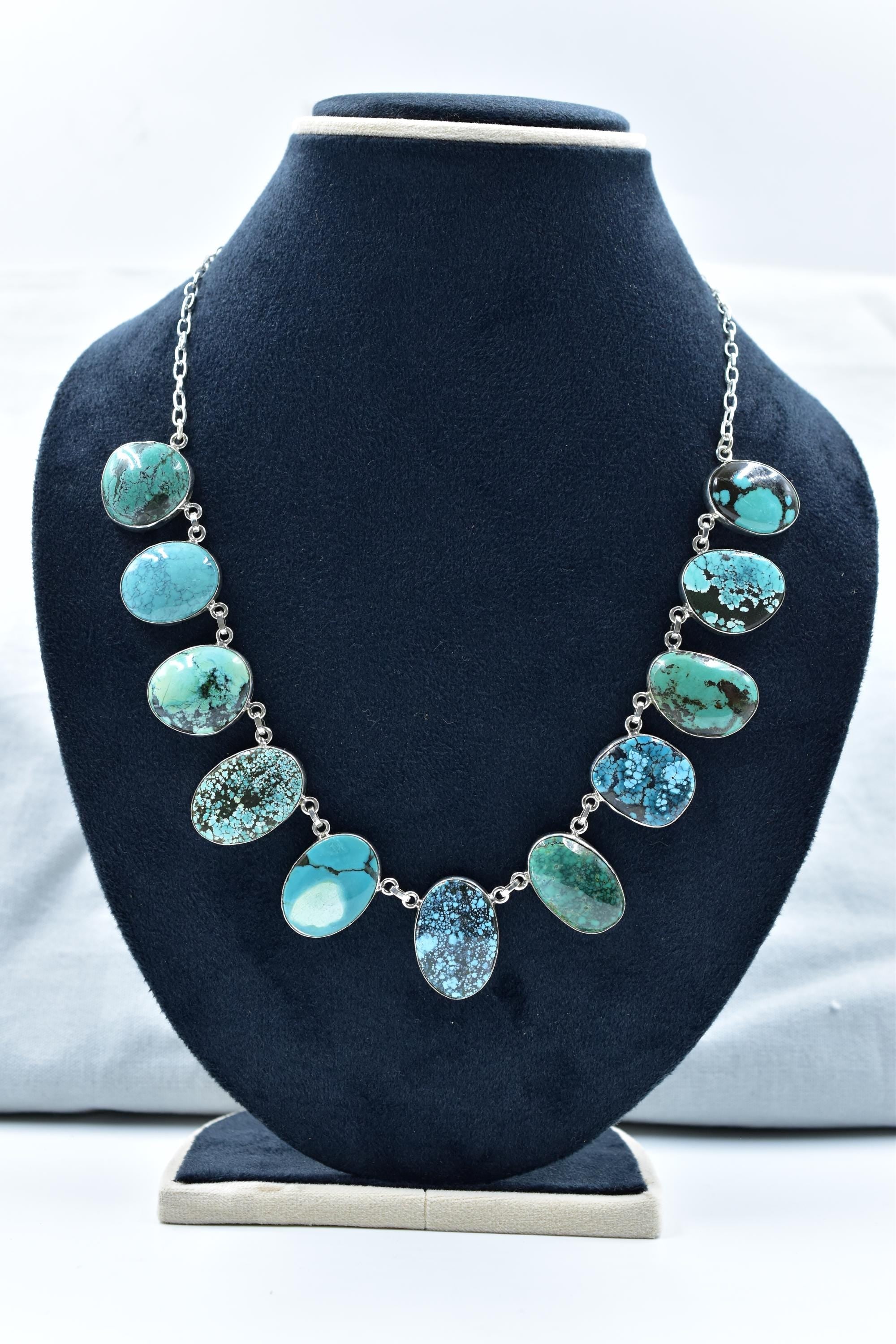Handmade Tibetan Turquoise & Sterling Silver Necklace with 18 inch Adjustable Chain