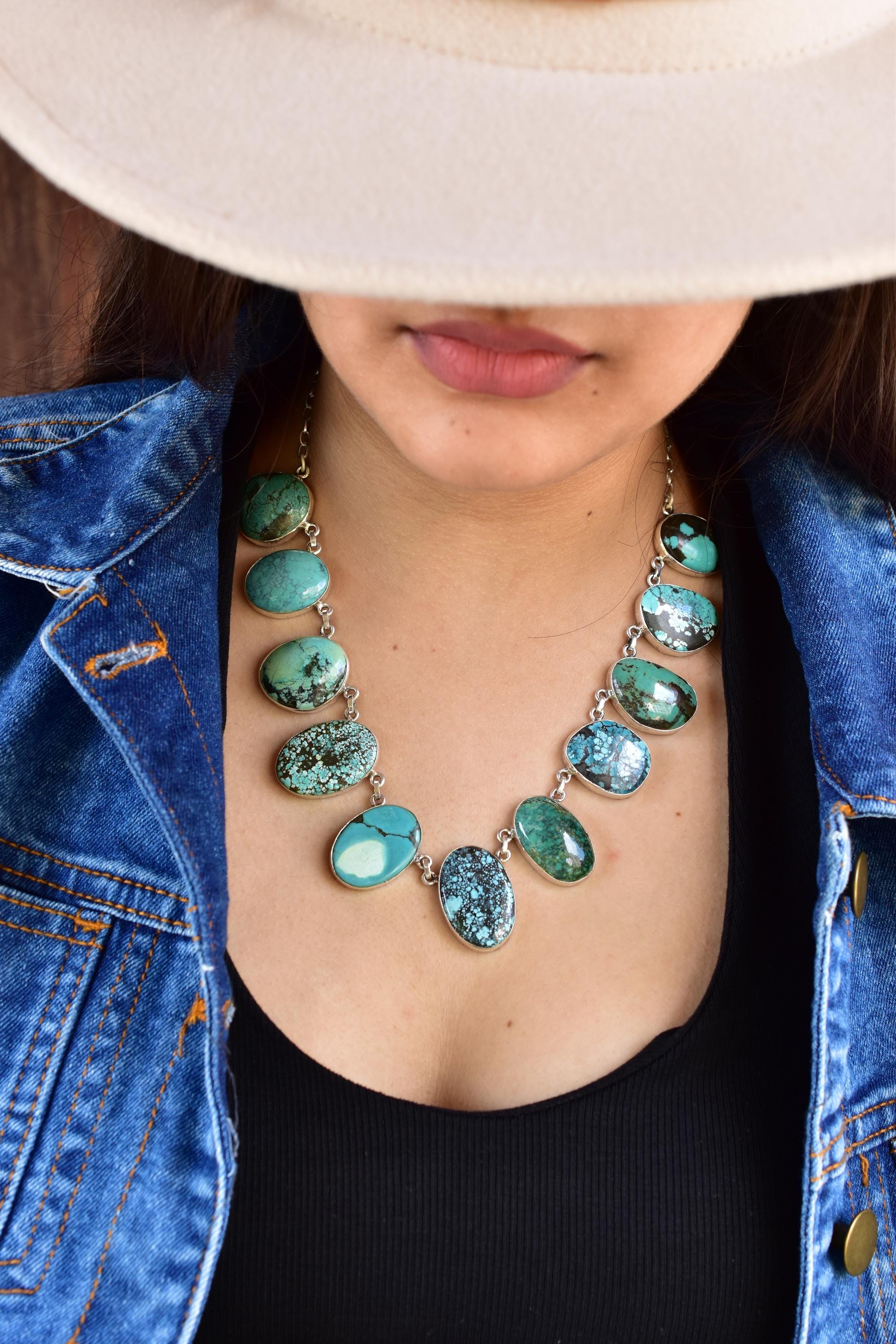 Handmade Tibetan Turquoise & Sterling Silver Lariat Necklace with 18 inch Adjustable Chain