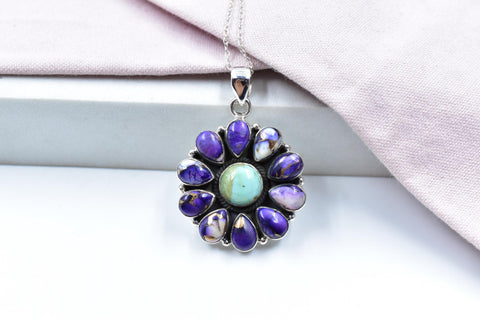 Handmade Purple Dahlia Turquoise Sterling Silver Pendant with 16 Inch Adjustable Chain
