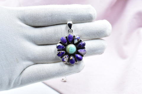 Handmade Purple Dahlia Turquoise Sterling Silver Pendant with 16 Inch Adjustable Chain