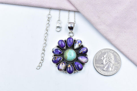Handmade Purple Dahlia Turquoise Sterling Silver Pendant with 16 Inch Adjustable Chain