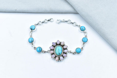 Handmade Mojave Turquoise & Pink Opal Sterling Silver Bracelet, Size 8 Inch Adjustable Bracelet
