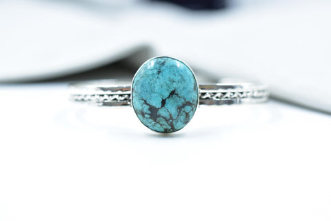 Handmade Hubei Turquoise & Sterling Silver Adjustable Bangle (Size 6 Inch)