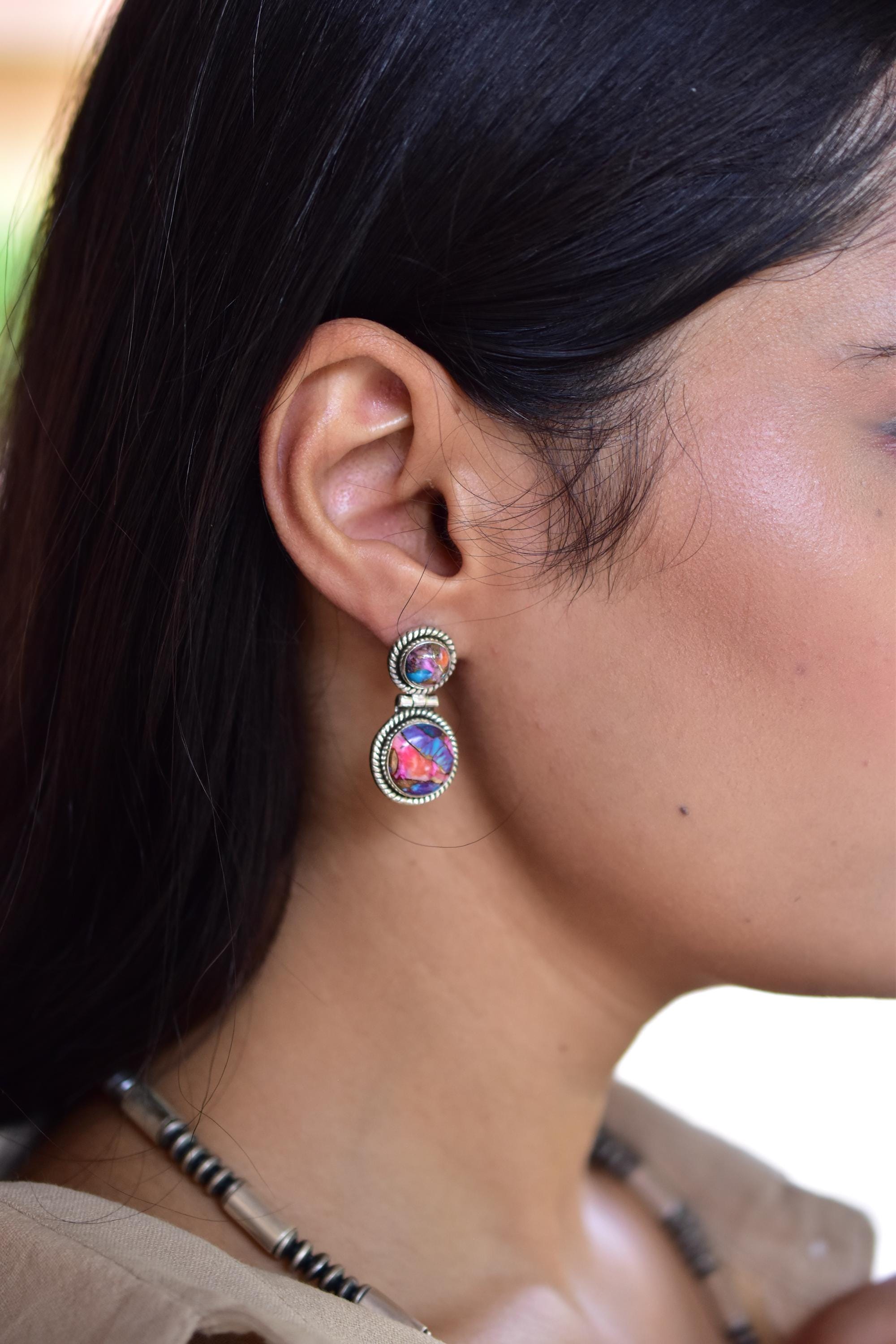 Handmade Pink Dahlia Turquoise & Sterling Silver Post Stud Earrings for Women
