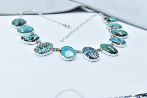 Handmade Tibetan Turquoise & Sterling Silver Necklace with 18 inch Adjustable Chain
