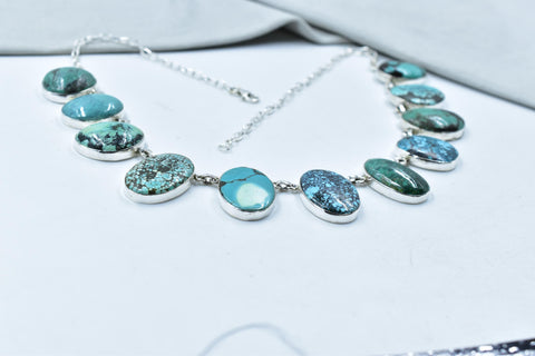 Handmade Tibetan Turquoise & Sterling Silver Lariat Necklace with 18 inch Adjustable Chain