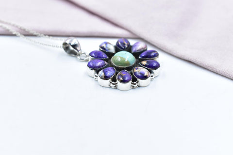 Handmade Purple Dahlia Turquoise Sterling Silver Pendant with 16 Inch Adjustable Chain