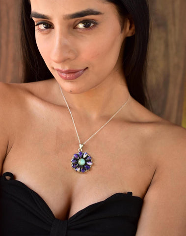 Handmade Purple Dahlia Turquoise Sterling Silver Pendant with 16 Inch Adjustable Chain