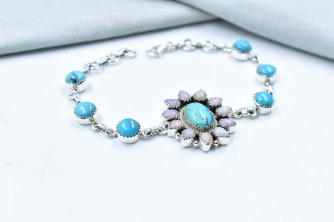 Handmade Mojave Turquoise & Pink Opal Sterling Silver Bracelet, Size 8 Inch Adjustable Bracelet