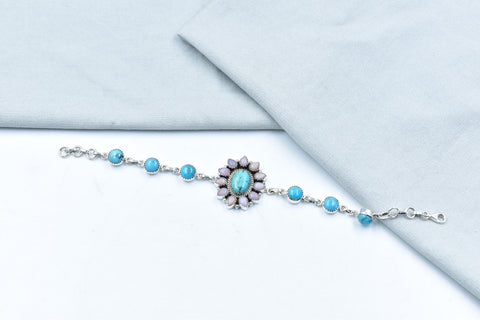 Handmade Mojave Turquoise & Pink Opal Sterling Silver Bracelet, Size 8 Inch Adjustable Bracelet