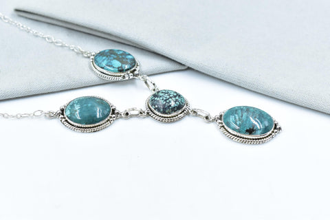 Handmade Hubei Turquoise & Sterling Silver Lariat Necklace with 18 inch Adjustable Chain