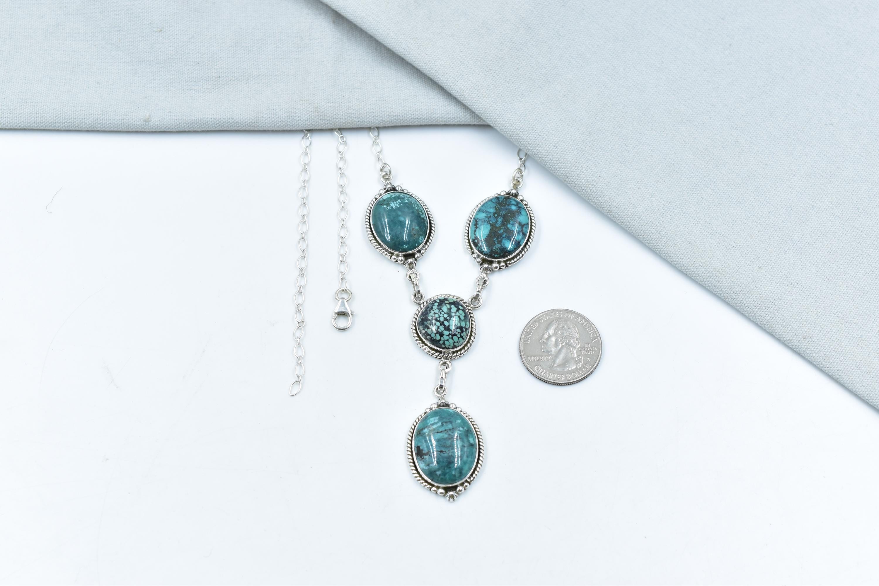 Handmade Hubei Turquoise & Sterling Silver Lariat Necklace with 18 inch Adjustable Chain