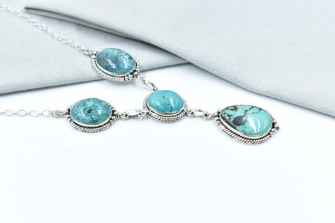 Handmade Hubei Turquoise & Sterling Silver Lariat Necklace with 18 inch Adjustable Chain