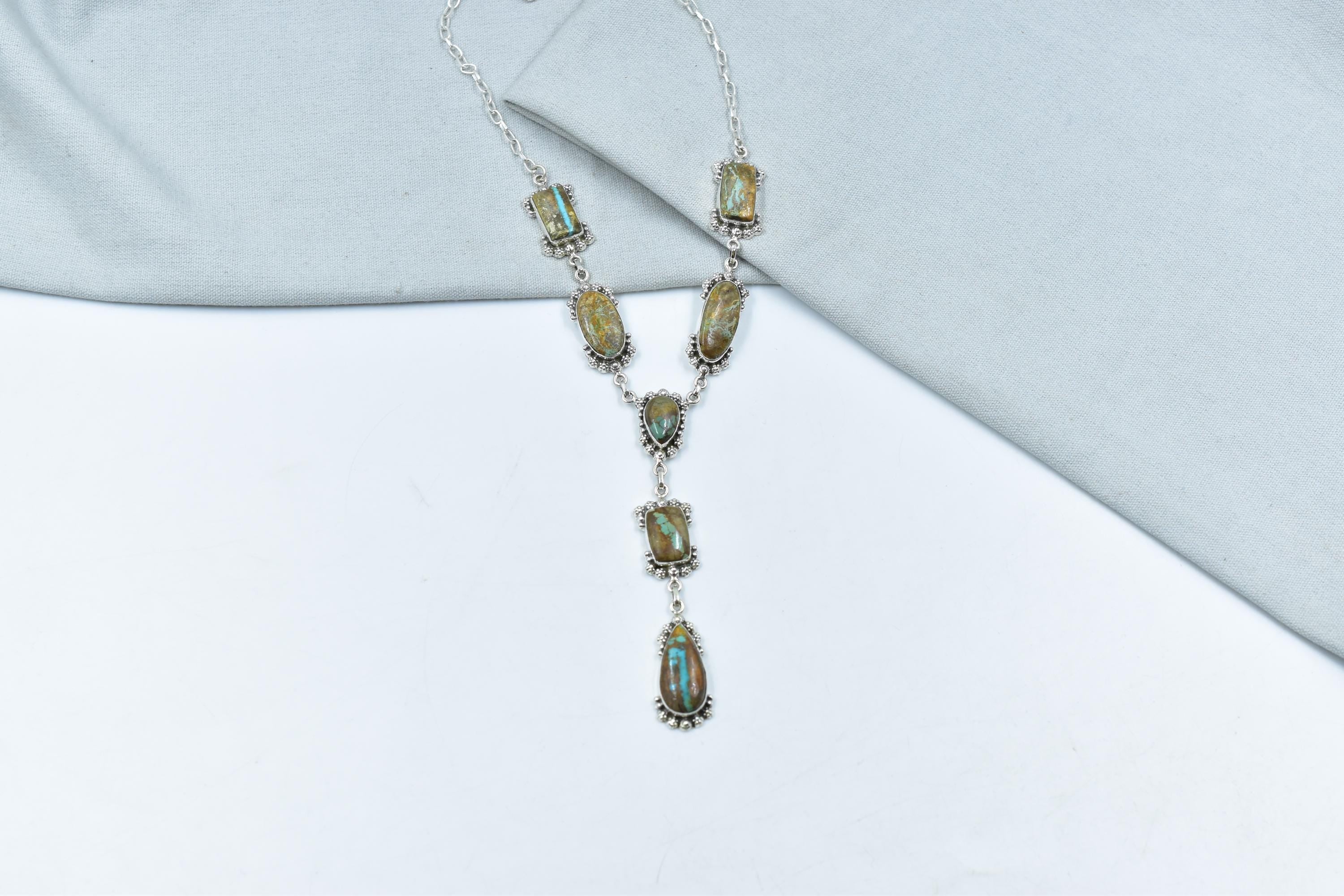 Handmade Ribbon Royston & Sterling Silver Necklace with 20 inch Adjustable Chain