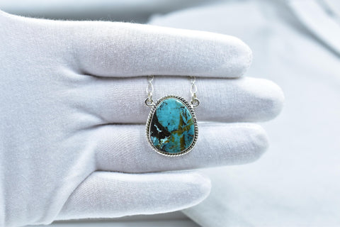 Handmade Hubei Turquoise & Sterling Silver Necklace with 16 inch Adjustable Chain