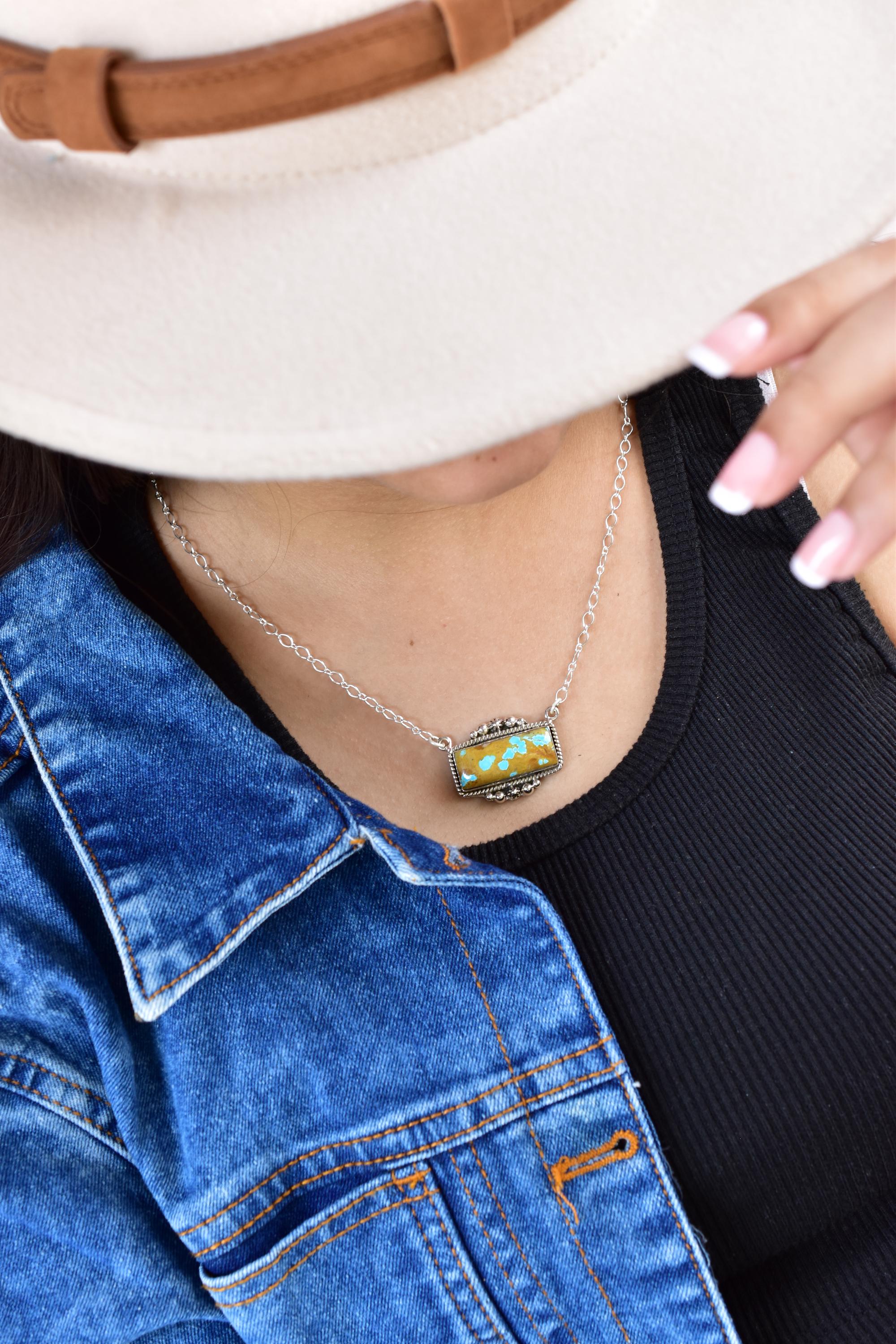 Handmade Royston Turquoise & Sterling Silver Baguette Necklace with 16 inch Adjustable Chain