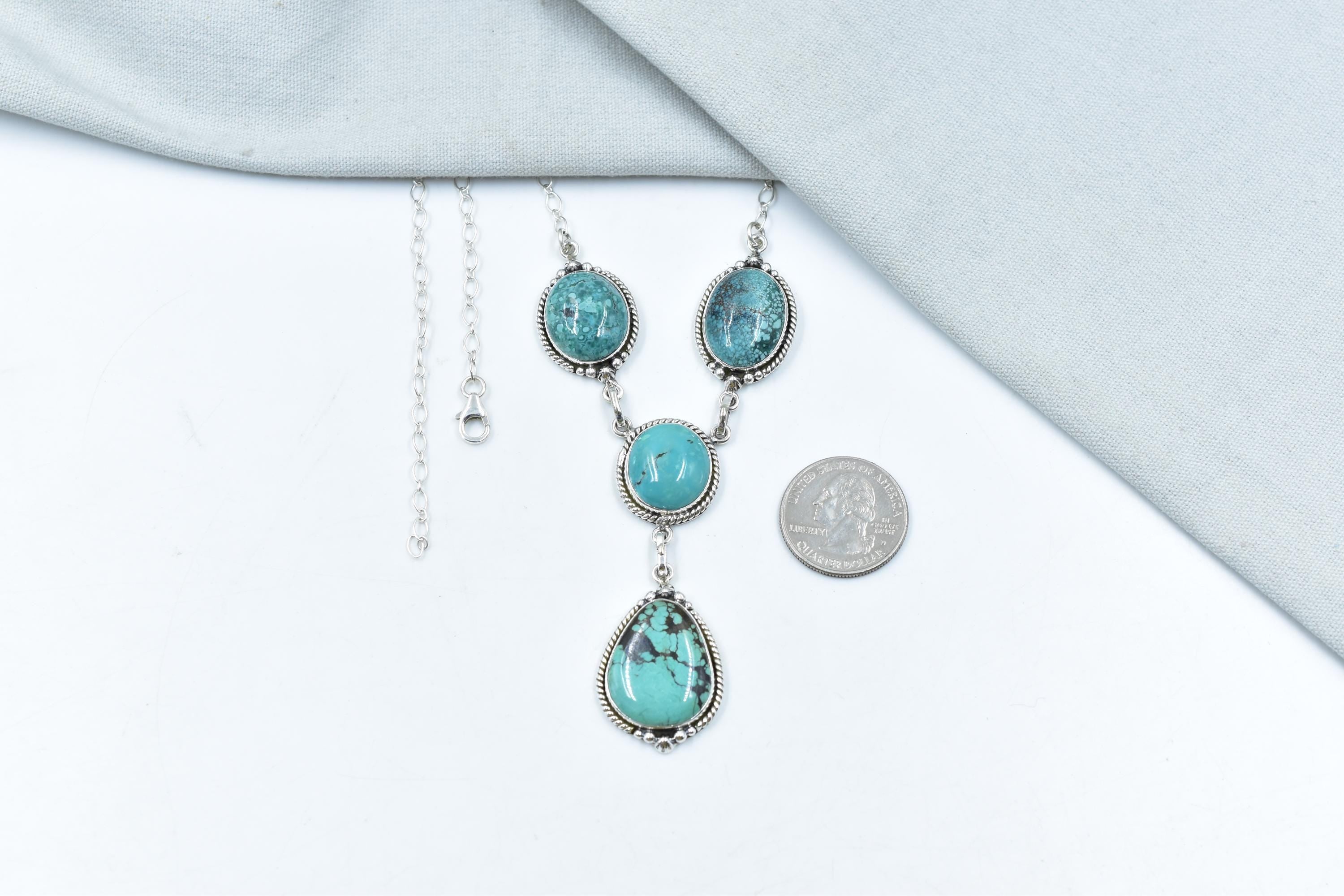 Handmade Hubei Turquoise & Sterling Silver Lariat Necklace with 18 inch Adjustable Chain