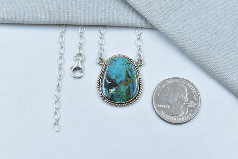 Handmade Hubei Turquoise & Sterling Silver Necklace with 16 inch Adjustable Chain