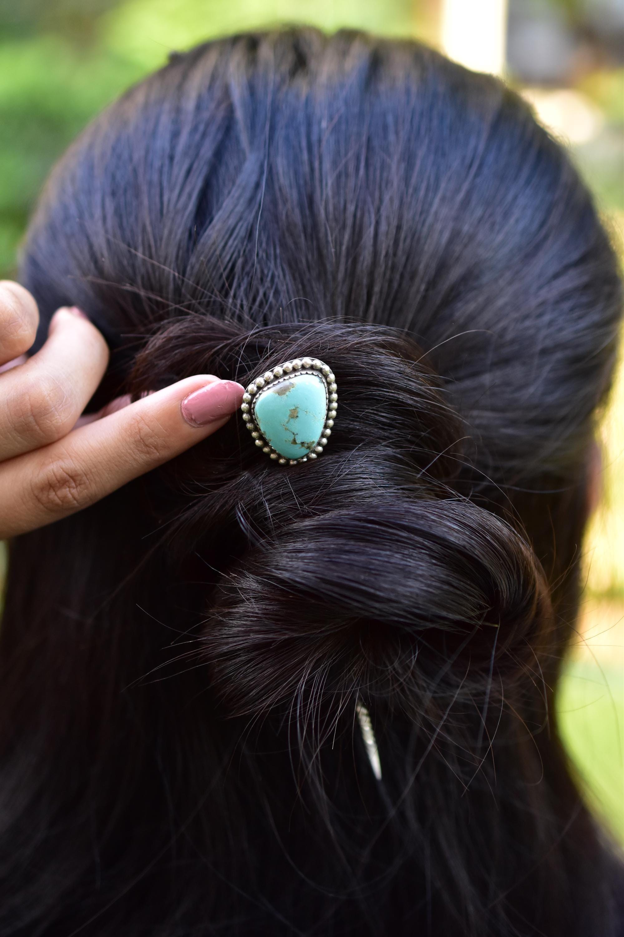 Handmade Kingman Turquoise & Sterling Silver Hair Pin Toothpick Hat Pin, Hair Bun Pin for Woman