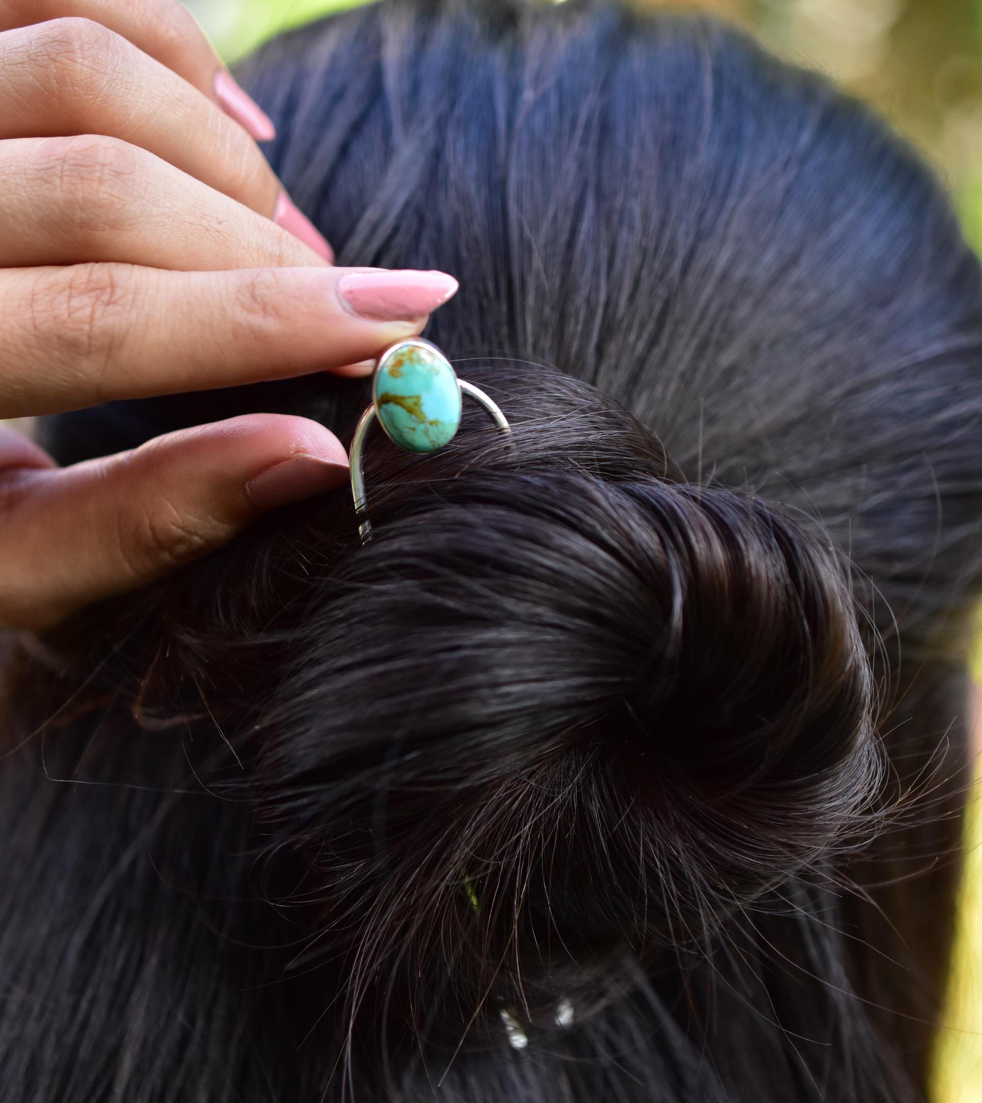 Handmade Mojave Turquoise & Sterling Silver Hair Bun Pin for Woman