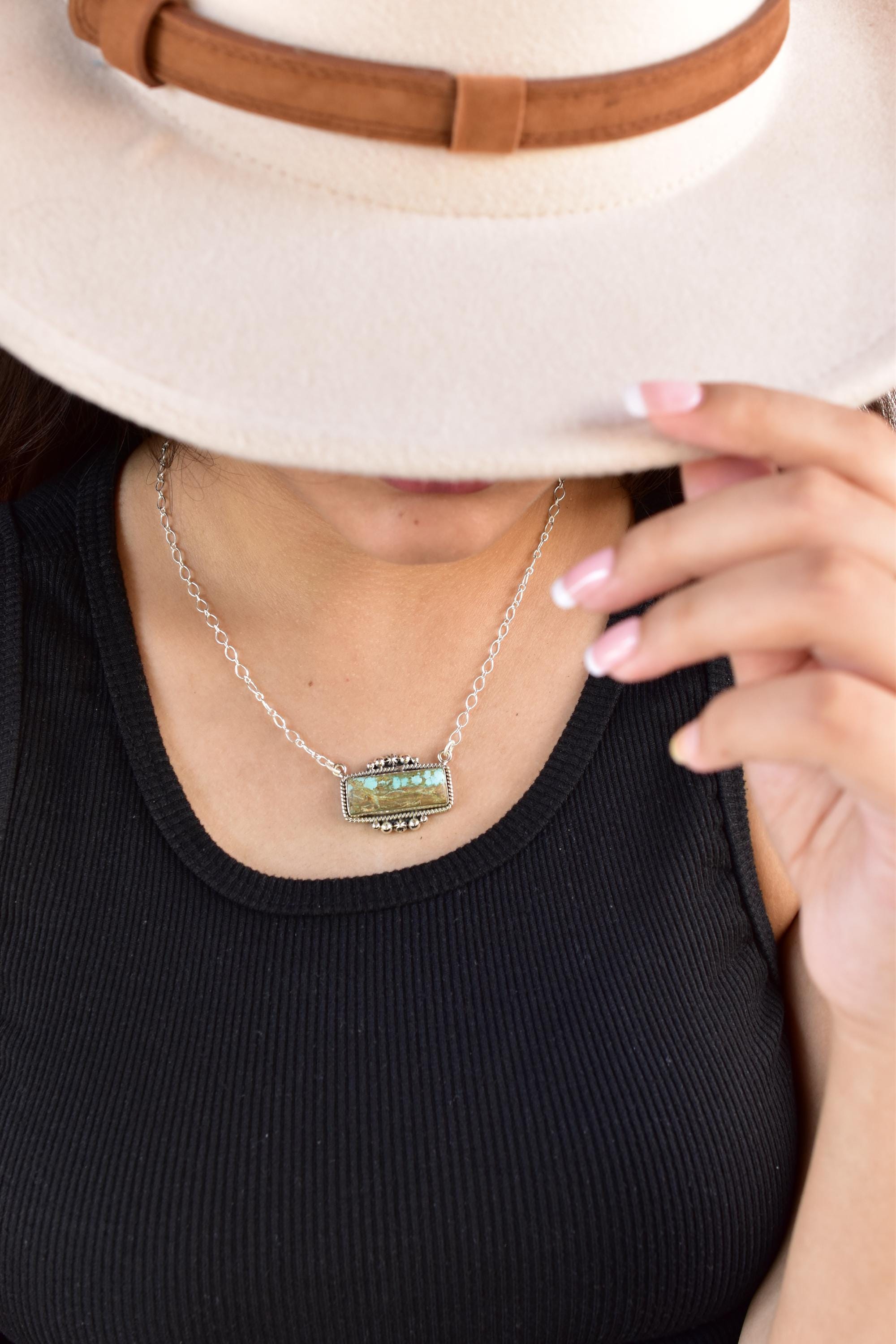 Handmade Number 8 Turquoise Sterling Silver Baguette Necklace with 18 inch Adjustable Chain
