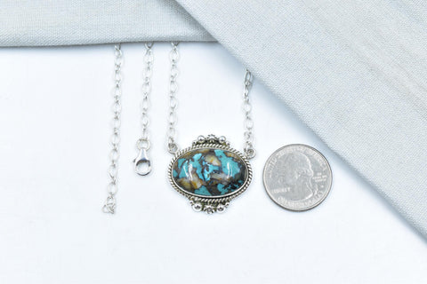 Handmade Hubei Turquoise & Sterling Silver Lariat Necklace with 18 inch Adjustable Chain