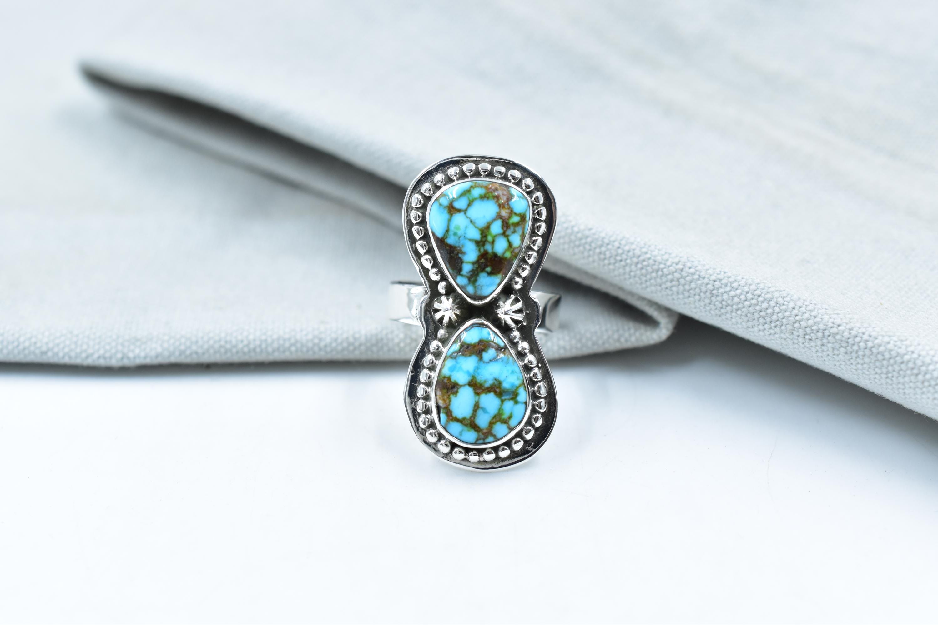 Handmade Spider Web Turquoise & Sterling Silver Adjustable Ring