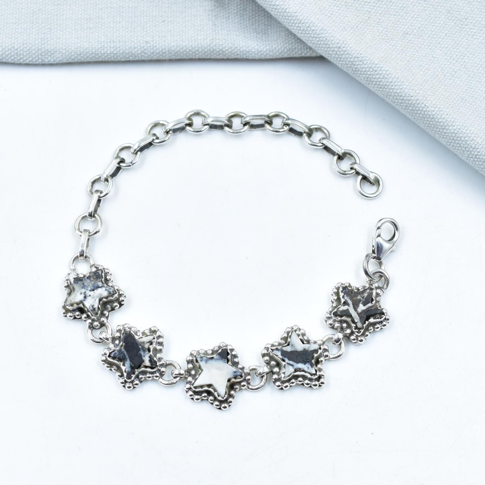 White Buffalo & Sterling Silver Adjustable Bracelet Size 7.5 Inch