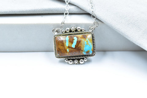 Handmade Royston Turquoise & Sterling Silver Cushion Necklace with 18 inch Adjustable Chain