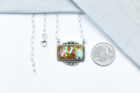 Handmade Royston Turquoise & Sterling Silver Cushion Necklace with 18 inch Adjustable Chain