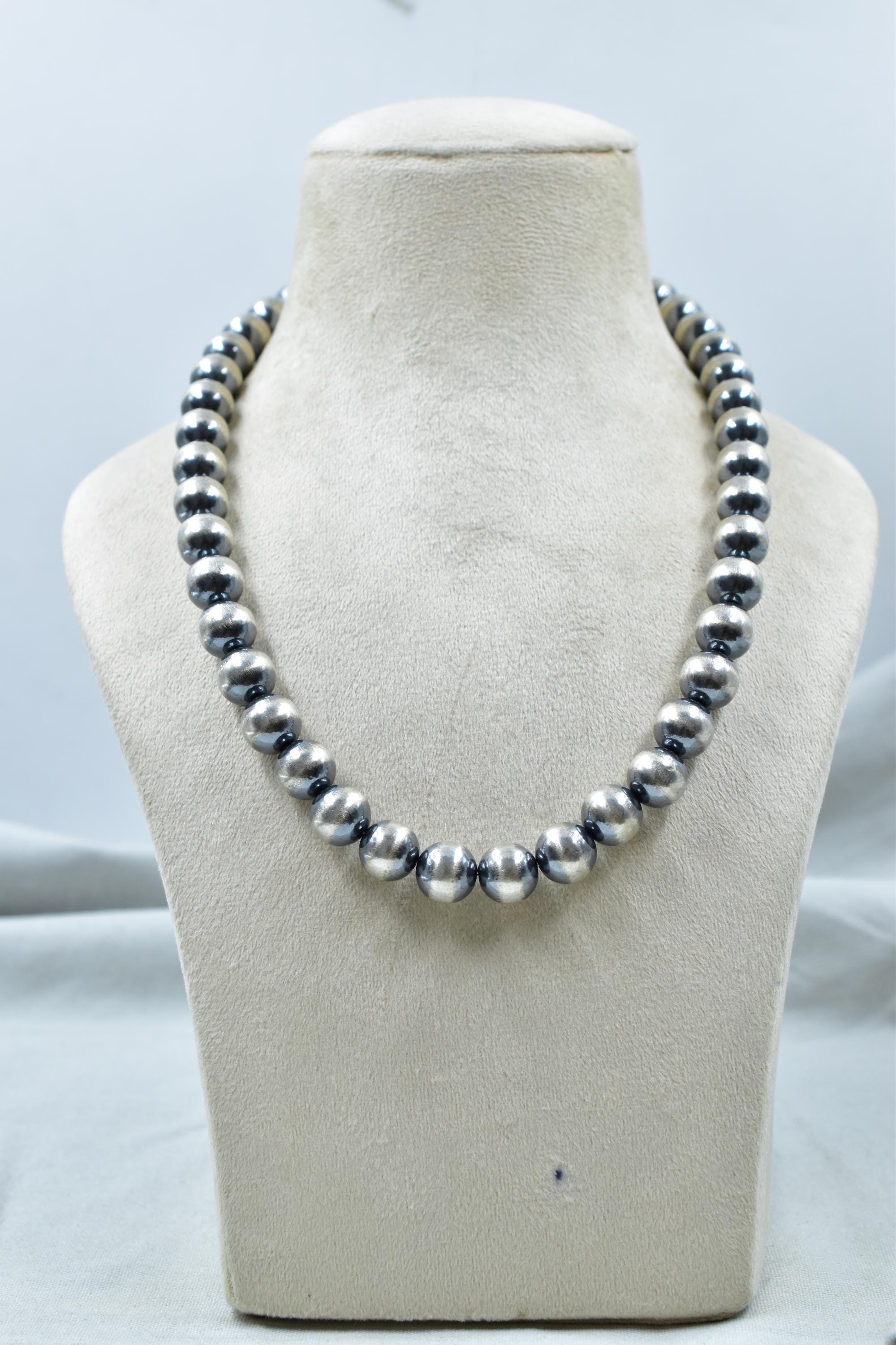 Handmade 12MM Sterling Silver Round Pearl Beaded Necklace