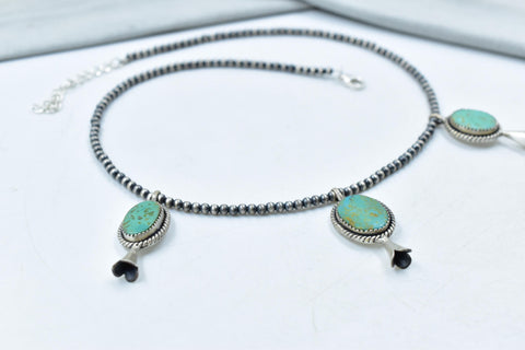Handmade Royston Turquoise & Sterling Silver Pearl 3mm Beaded Necklace 16'' Long