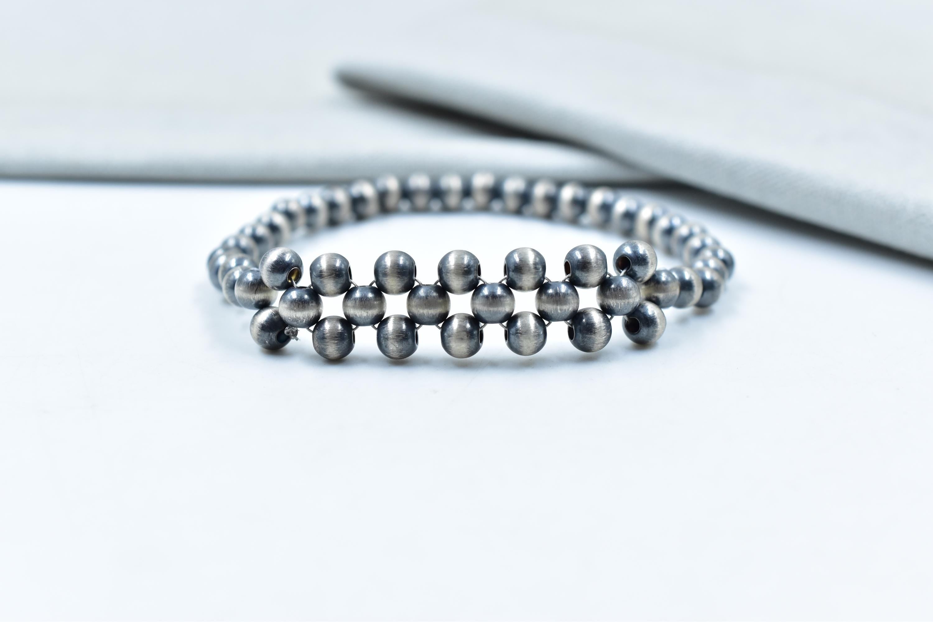 Handmade 5MM Sterling Silver Pearls Beaded Stretch Bracelet
